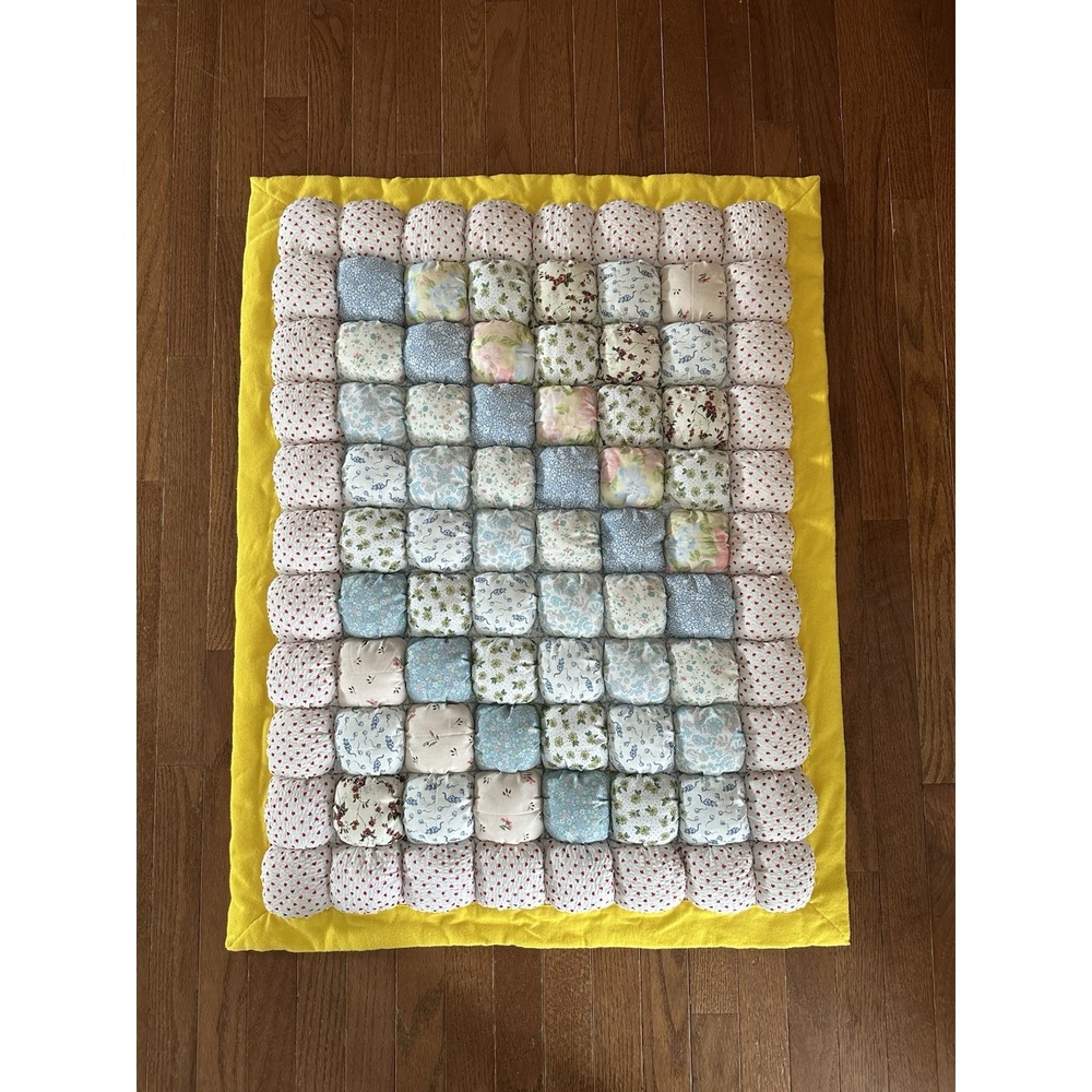 Handmade Patchwork Striped Puffed Baby Quilt. 28 1/2" X 37". Yellow Felt Backing